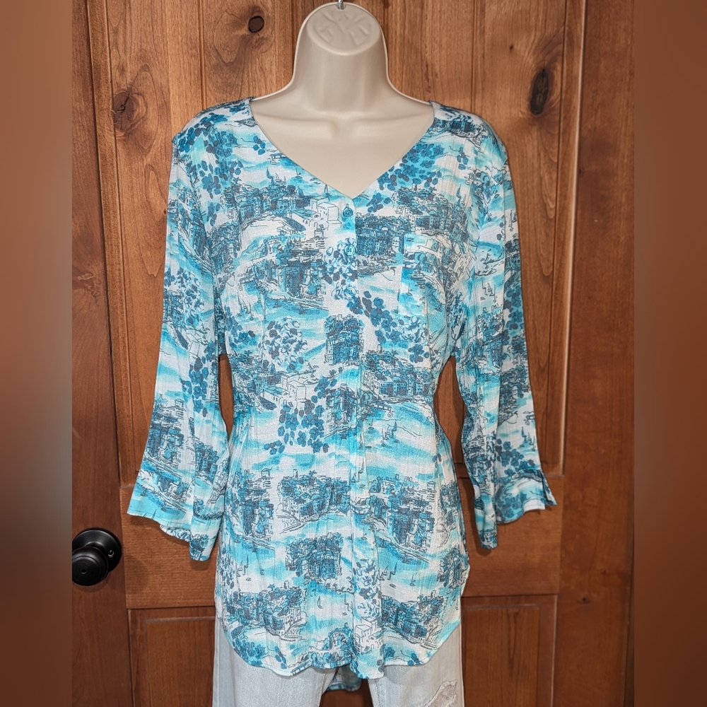 CJ Banks Blue and White Women's Top With Scenic‎ Print